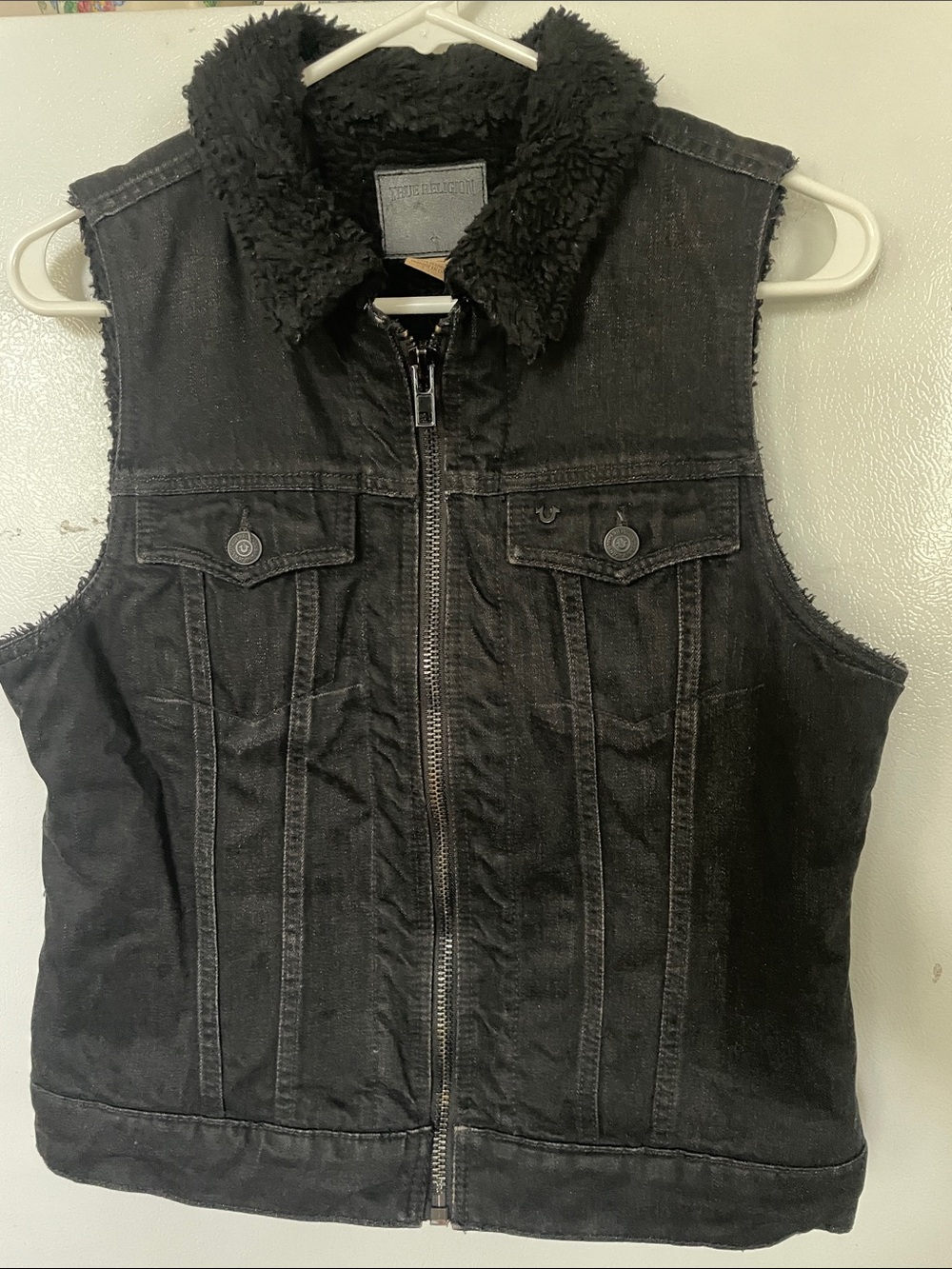 True Religion Medium Black Sherpa-Lined Denim Cotton‎ Dusty Vest